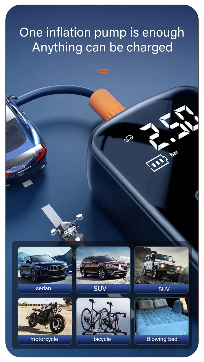 Compresseur d'air ¨¦lectrique sans fil pour voiture, pompe de gonflage pour moto, v¨¦lo, bateau, auto
