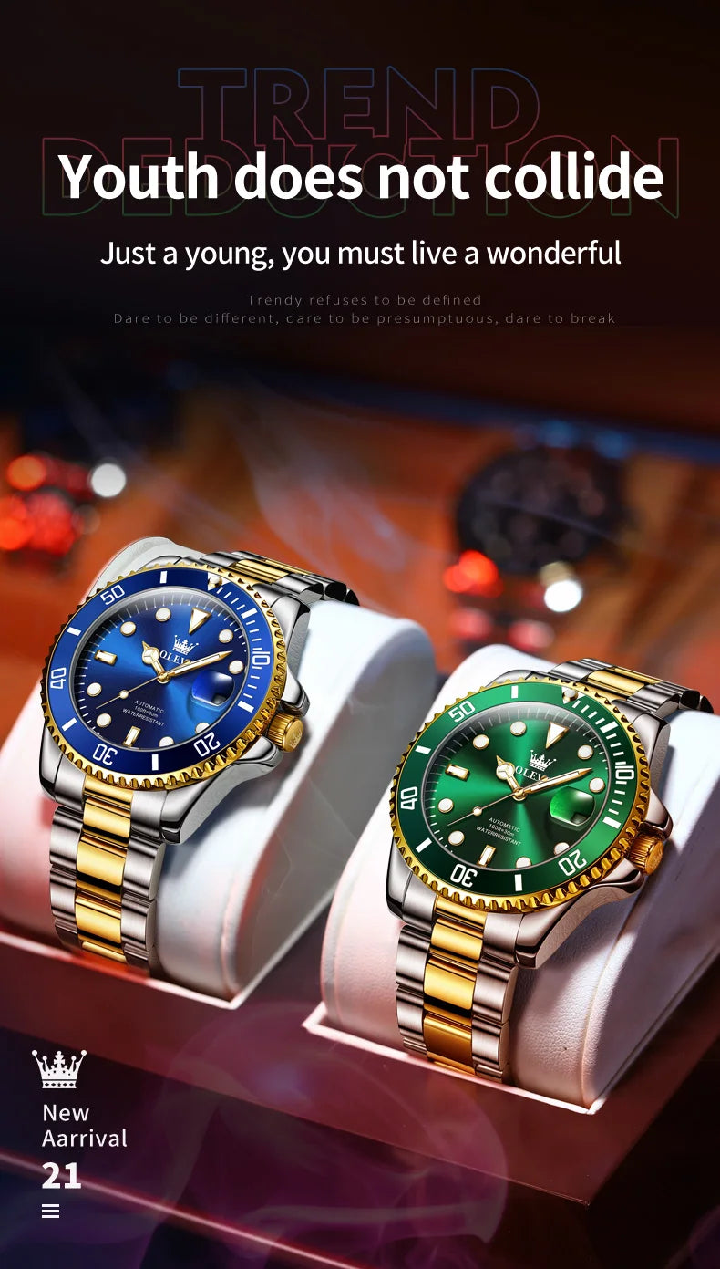 Montre-Bracelet M¨¦canique existent pour Homme, Lunette Rotative, Analogique, Plong¨¦e, Vert, ¨¦tanche, Business
