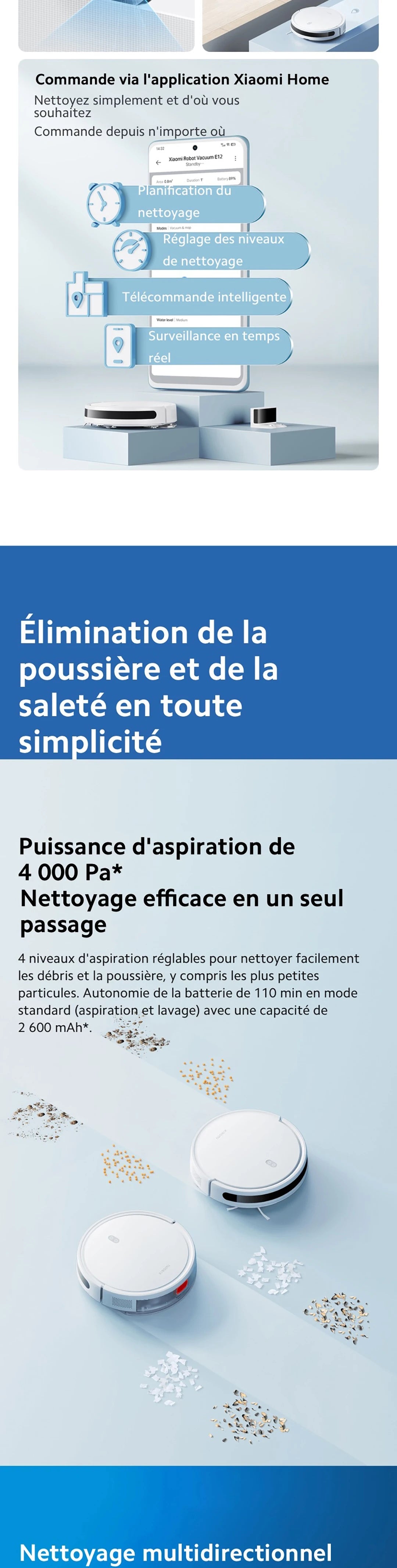 Robot Vacuum E12,Puissance d'aspiration de 4000 Pa,Planification intelligente des parcours aspirateur robot