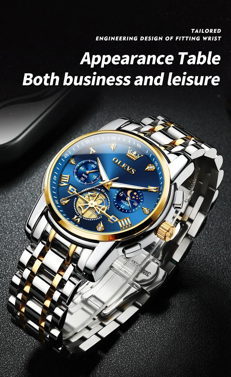 Montre ¨¤ Quartz pour Homme, Modules de Volant d'Inertie, Chronographe Seton, Phase de Lune, Montres-Bracelets Multifonctionnelles en Acier Inoxydable, 2856