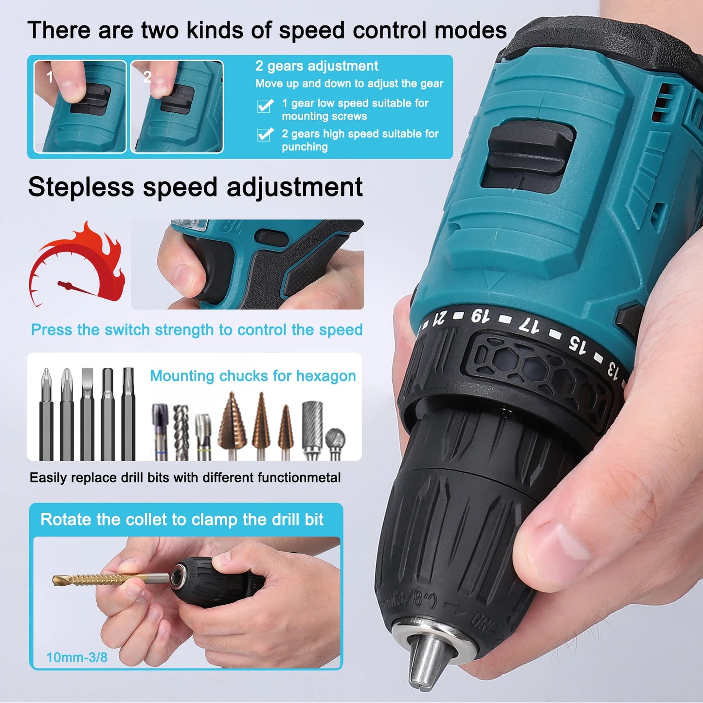 Perceuse visseuse ¹Èlectrique sans fil 2 en 1, moteur sans balais, couple 45 Nm 55Nm, r¹Ègulation de la vitesse en continu, d¹Èterminer la perceuse visseuse au lithium