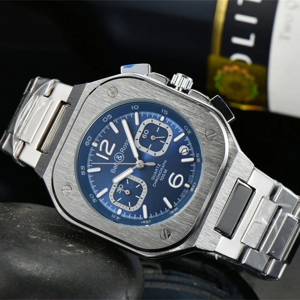 Bell Ross Global Limited Edition 05 Series Bracelet en acier Montre chronographe ¨¤ quartz pour homme BR05C-BU-ST/SST Relogios Reloj zones bre