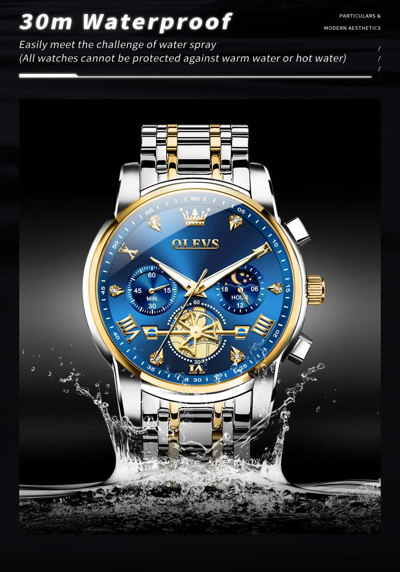 Montre ¨¤ Quartz pour Homme, Modules de Volant d'Inertie, Chronographe Seton, Phase de Lune, Montres-Bracelets Multifonctionnelles en Acier Inoxydable, 2856