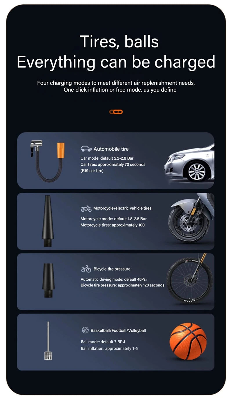 Compresseur d'air ¨¦lectrique sans fil pour voiture, pompe de gonflage pour moto, v¨¦lo, bateau, auto