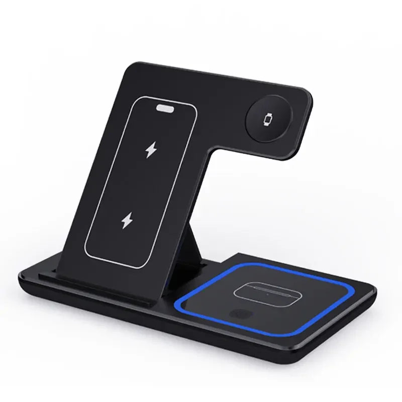 Soporte de cargador inalámbrico rápido con LED, station de carga pliable 3 en 1 de para iPhone 15, 14, 13, 12, 11, Apple Watch