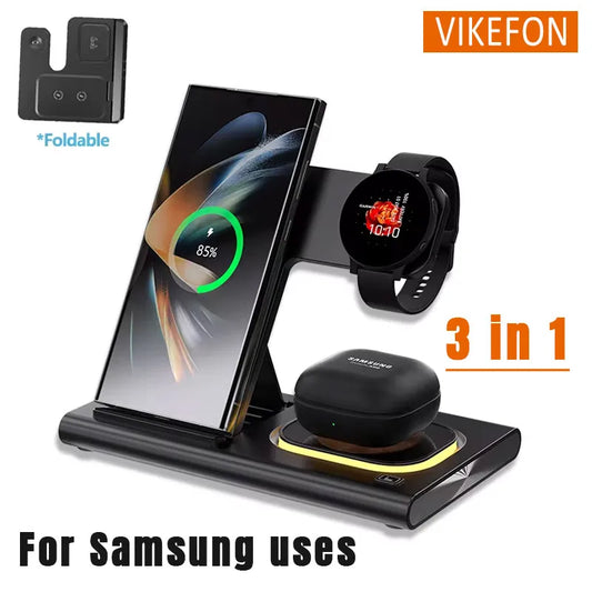 Support de téléphone pliable sans fil 3 en 1 LED, pour Samsung S24 S23 S22 Watch 6 5 4 Active 2 Galaxy Buds, Station de charge rapide
