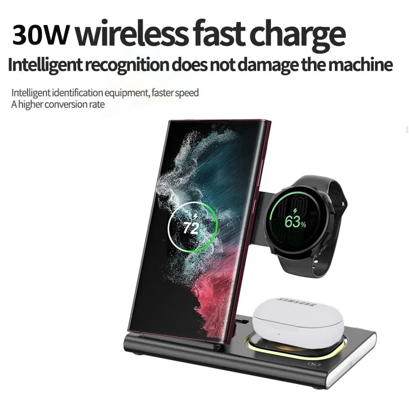 Support de téléphone pliable sans fil 3 en 1 LED, pour Samsung S24 S23 S22 Watch 6 5 4 Active 2 Galaxy Buds, Station de charge rapide