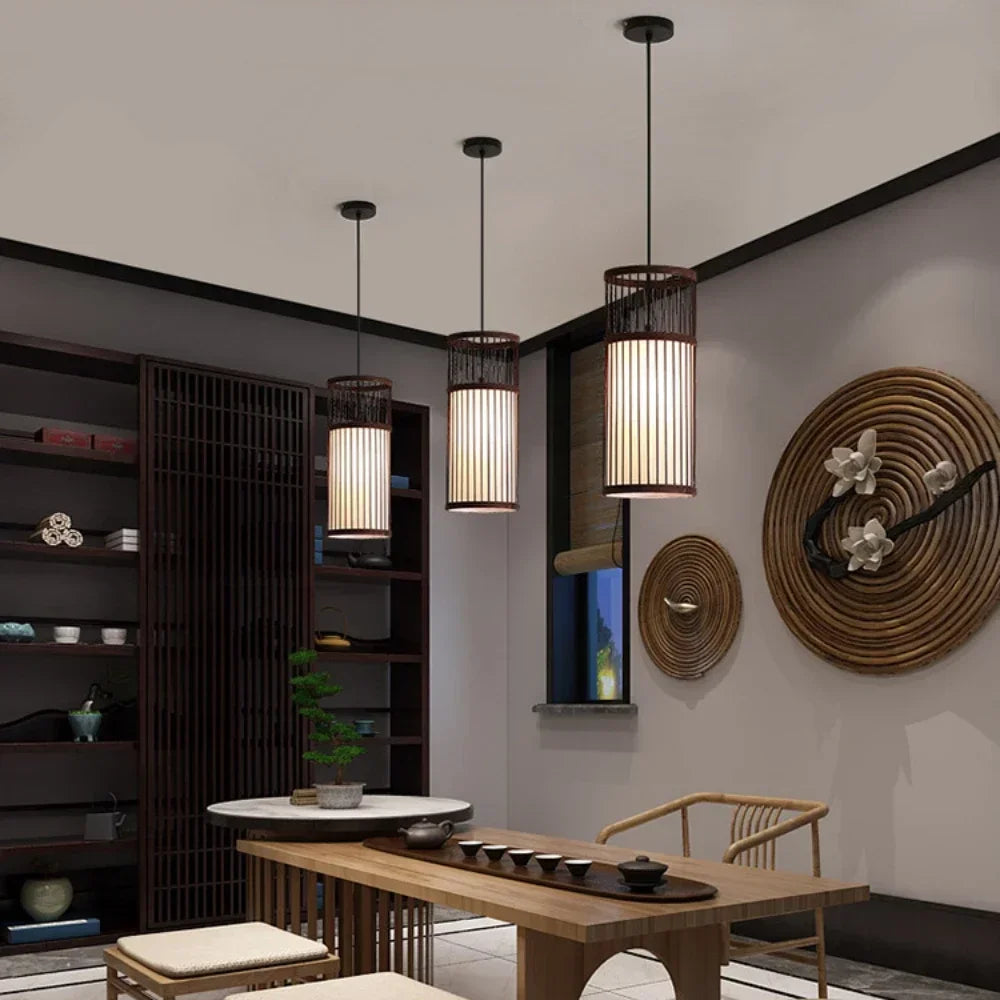 Lustres en bambou tissés à la main, abat-jour, luminaires, chambre à coucher, lampe de salle à manger, artisanat PmotLights