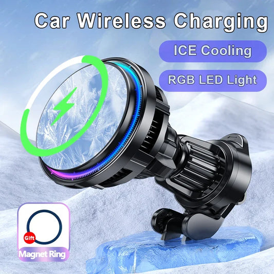 Chargeur de voiture magnétique sans fil à refroidissement par glace, support de téléphone de voiture MacSafe, station de charge rapide, iPhone 15 14 13 12 Pro Max, 30W