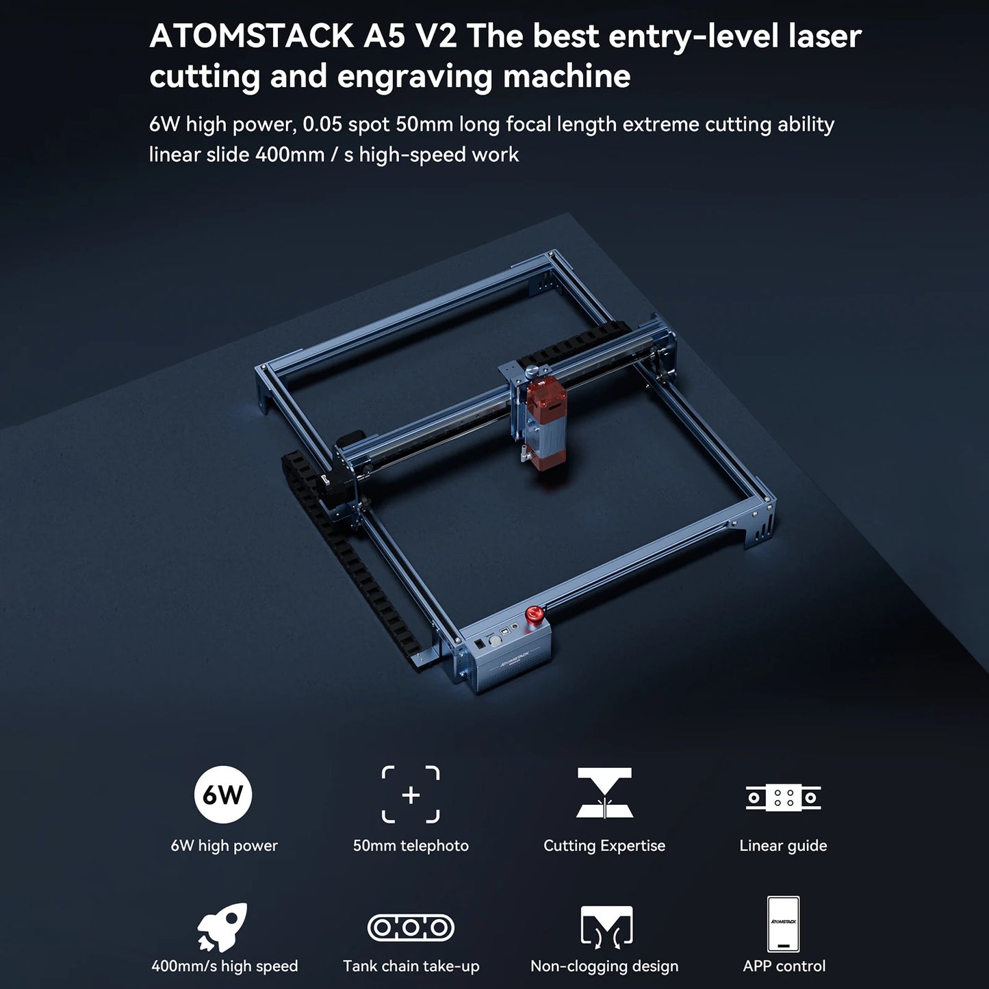 Graveur Laser A5 V2, Machine de D¹Ècoupe et de Gravure ½Ç Grande Vitesse, Mise au Point Partner Ultra-Mince, 6W, avec une Surface de 400x400mm