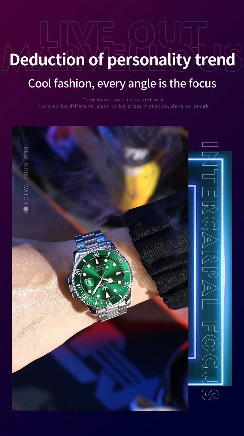Montre-Bracelet M¨¦canique existent pour Homme, Lunette Rotative, Analogique, Plong¨¦e, Vert, ¨¦tanche, Business