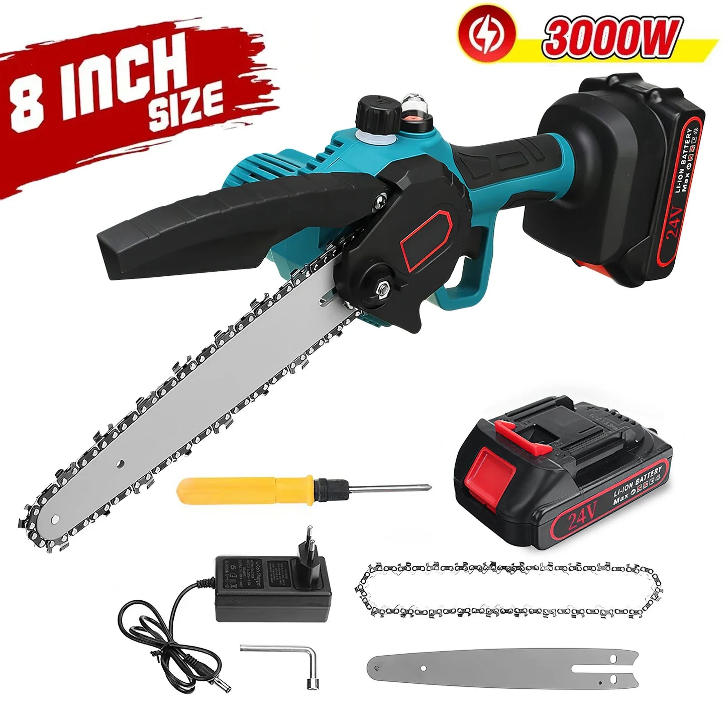 Mini scie ½Ç ¹Èlaguer ¹Èlectrique, tron?onneuses 3000W, 8 pouces, 24V avec Omicrophone, batterie au lithium, travail de calcul, scie de jardin, outils ¹Èlectriques