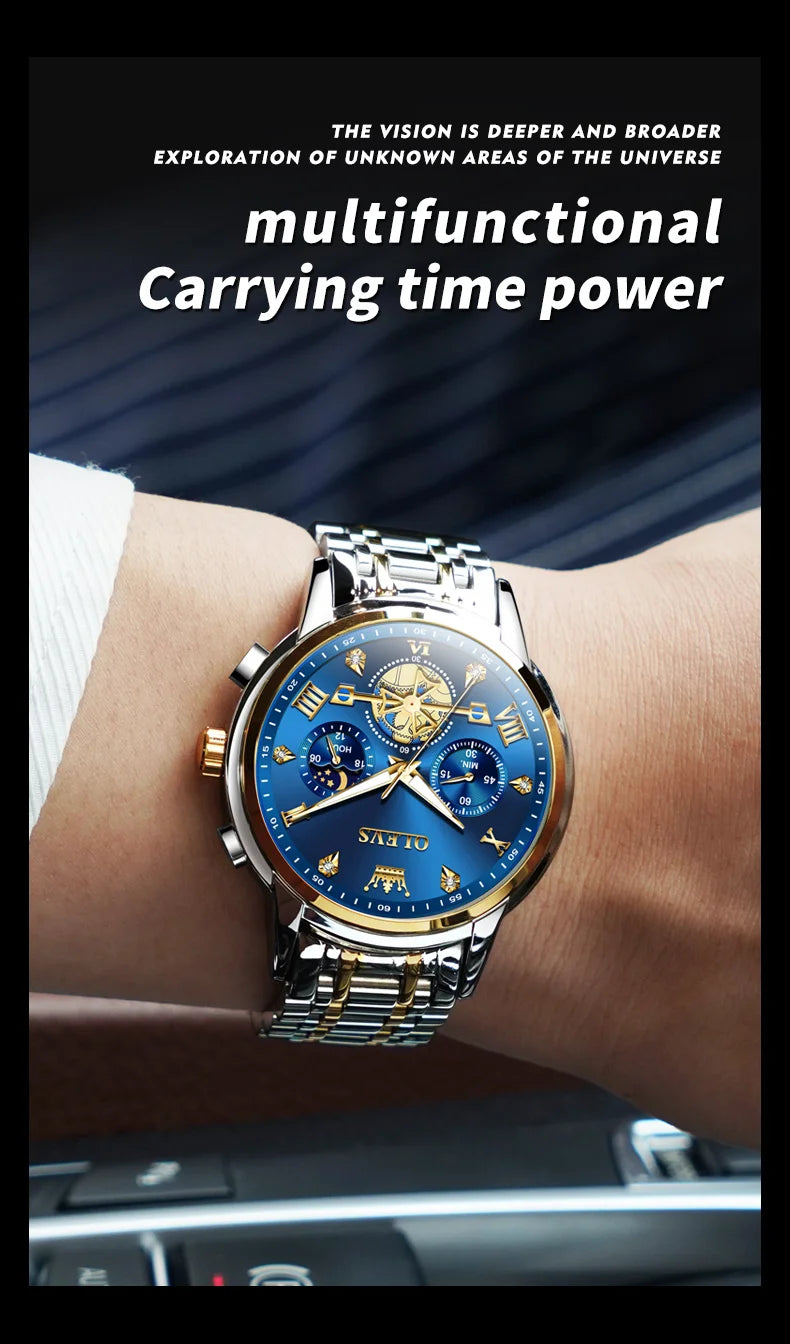 Montre ¨¤ Quartz pour Homme, Modules de Volant d'Inertie, Chronographe Seton, Phase de Lune, Montres-Bracelets Multifonctionnelles en Acier Inoxydable, 2856