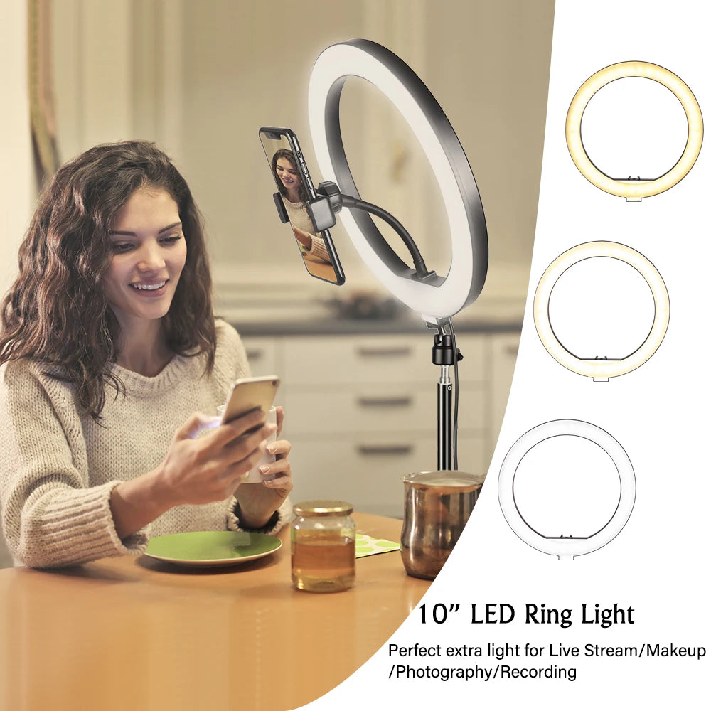 SH 10 pouces 26cm Led Ring Light ¨¦clairage de photographie avec tr¨¦pied support Usb Charge Selfie Led lampe pour Streaming vid¨¦o