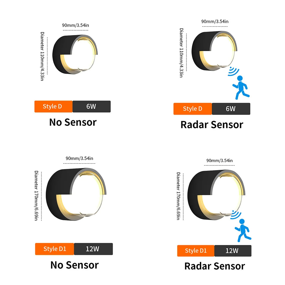 Mur LED lampe éclairage Radar capteur de mouvement AC85-265V 6/12W blanc chaud blanc froid adapté à la décoration intérieure extérieure de la maison