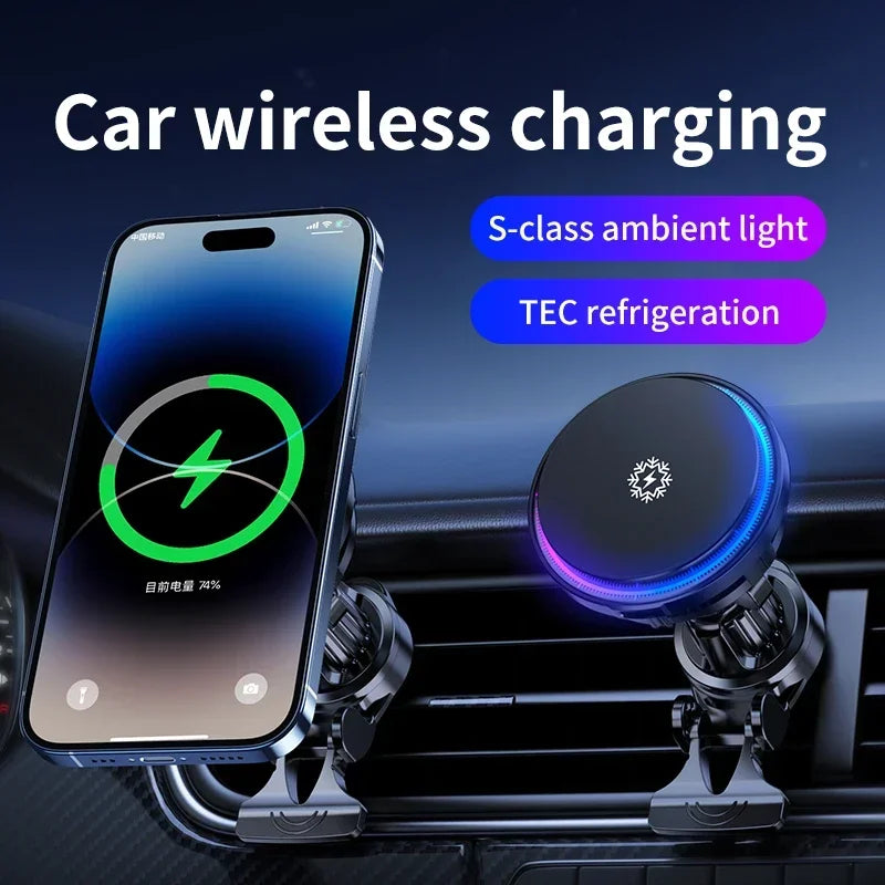 Chargeur de voiture magnétique sans fil à refroidissement par glace, support de téléphone de voiture MacSafe, station de charge rapide, iPhone 15 14 13 12 Pro Max, 30W