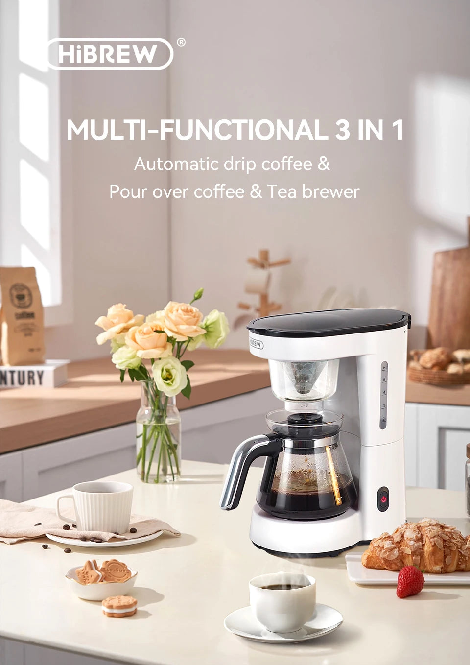 Machine ½Ç caf¹È goutte ½Ç goutte 3 en 1, cafetiõ¹re, th¹Èiõ¹re en verre, th¹Èiõ¹re chaude, 750ml, H12WH