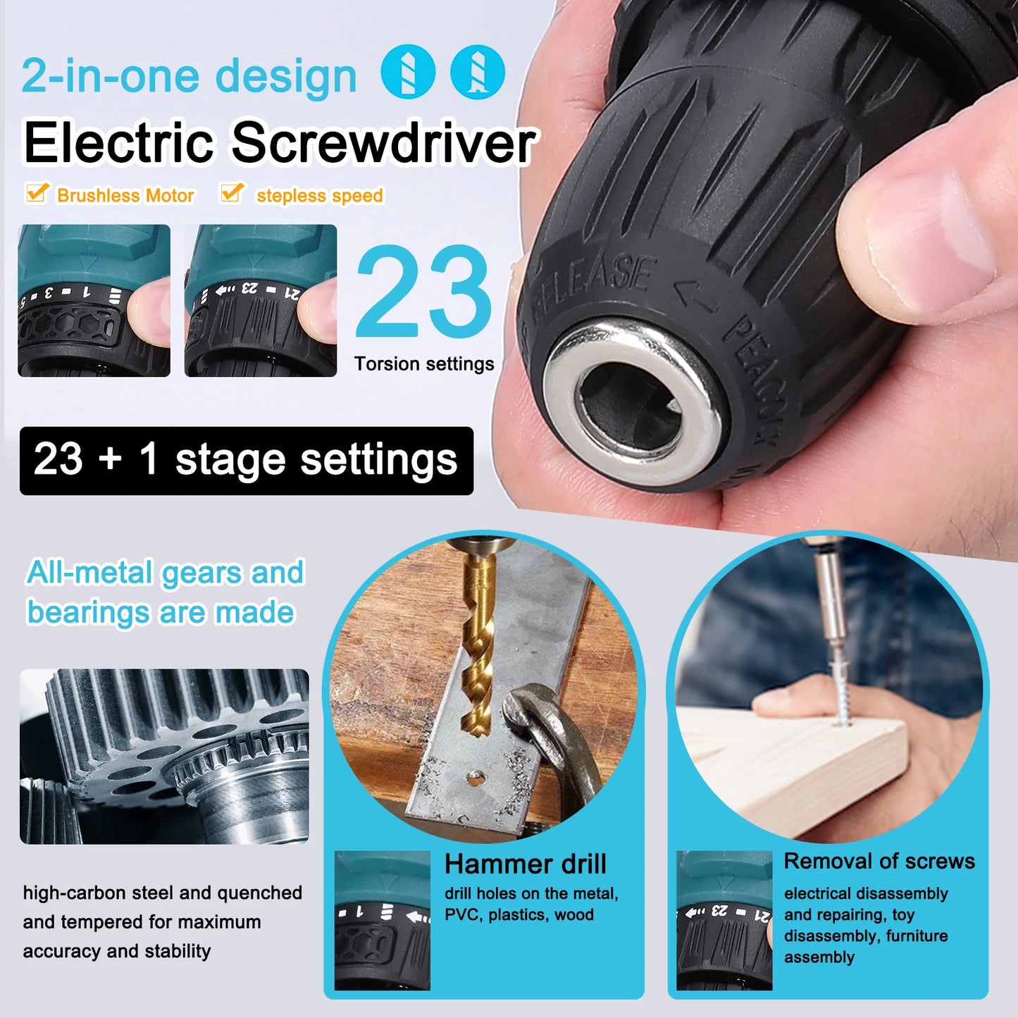 Perceuse visseuse ¹Èlectrique sans fil 2 en 1, moteur sans balais, couple 45 Nm 55Nm, r¹Ègulation de la vitesse en continu, d¹Èterminer la perceuse visseuse au lithium