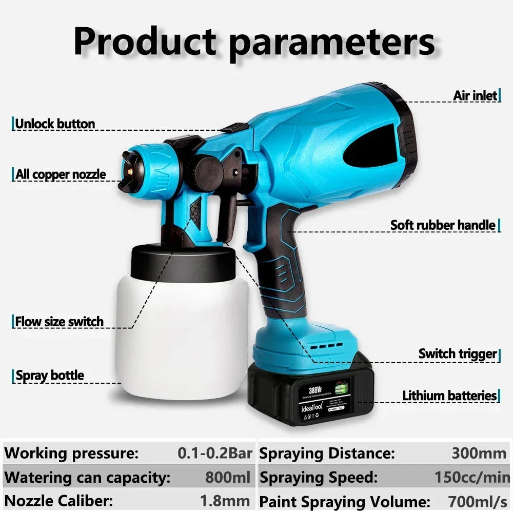Pistolet pulv¨¦risateur ¨¦lectrique sans fil portable, pulv¨¦risateur de peinture pour meubles automobiles, a¨¦rographe ¨¤ rev¨ºtement en acier, compatible avec la batterie Makita 18V, 800ml