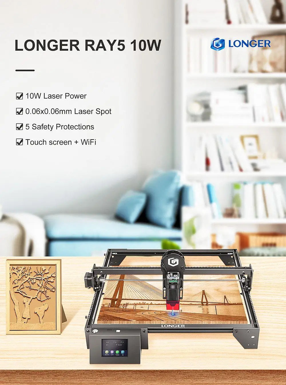 Graveur Laser RAY5 10W, Spot Laser 0.06x0.06mm, ¹Ècran Tactile, Carimplant¹È Hors Ligne, Chipset 32 Bits, Connexion WiFi
