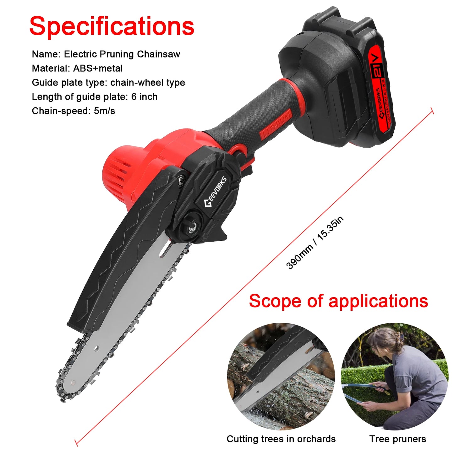 Scie ½Ç ¹Èlaguer ¹Èlectrique portable, petite tron?onneuse ½Ç fendre le bois, moteur ½Ç brosse, outil de travail de calcul ½Ç une main pour jardin et verger, 21V, 6 po