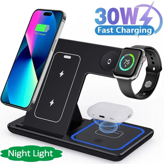 Soporte de cargador inalámbrico rápido con LED, station de carga pliable 3 en 1 de para iPhone 15, 14, 13, 12, 11, Apple Watch