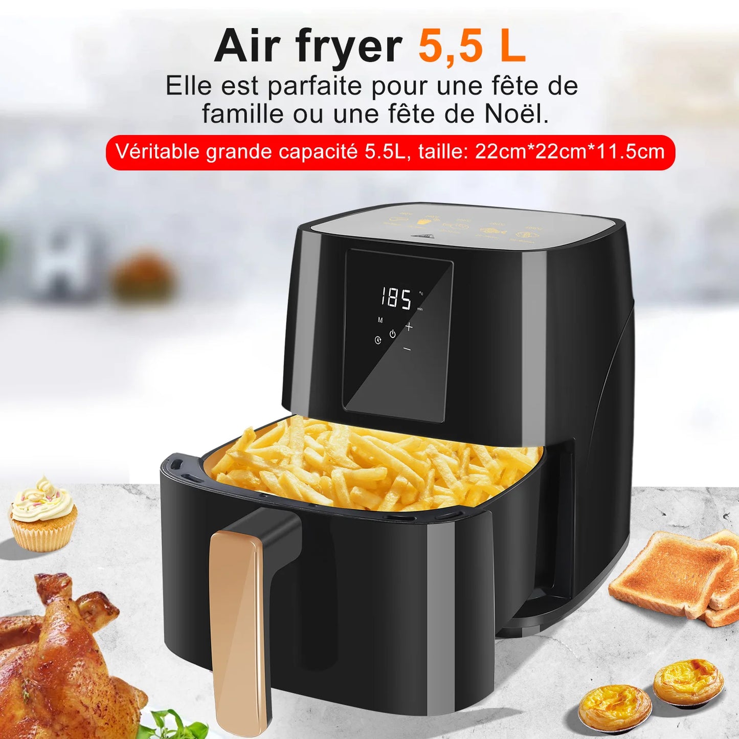 Friteuse ½Ç air sans huile - 5,5L - 1700W - Temp¹Èrature r¹Èglable - FenÄÇtre visible