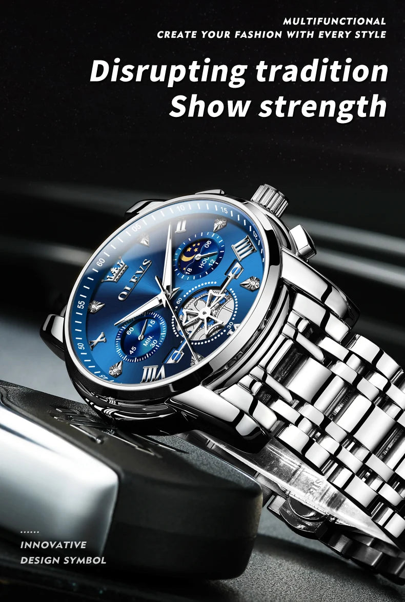Montre ¨¤ Quartz pour Homme, Modules de Volant d'Inertie, Chronographe Seton, Phase de Lune, Montres-Bracelets Multifonctionnelles en Acier Inoxydable, 2856