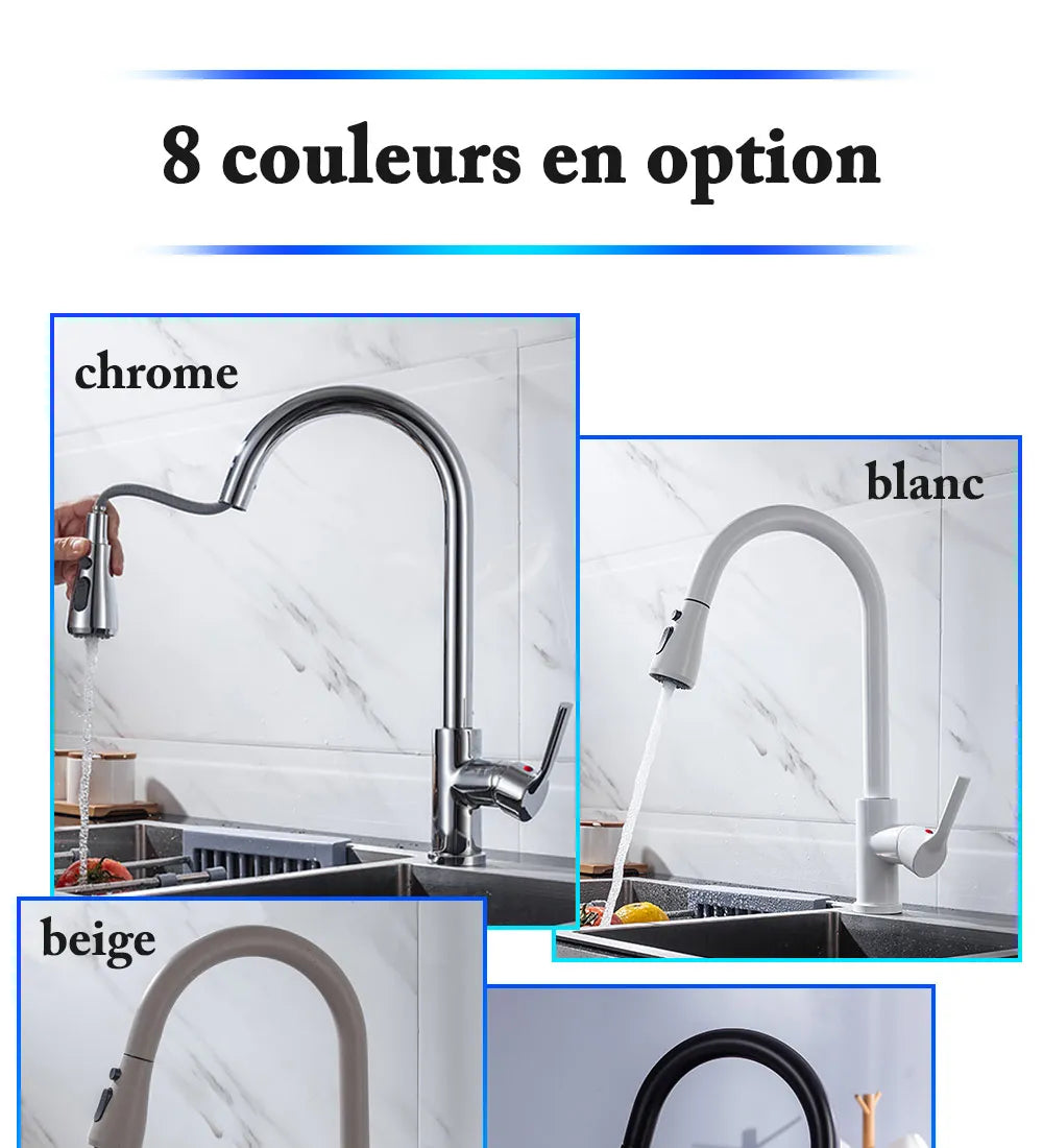 Robinet de cuisine noir ¨¤ nervures pour ¨¦vier de centre commercial, pulv¨¦risateur ¨¤ jet de d¨¦gradbross¨¦, t¨ºte chrom¨¦e