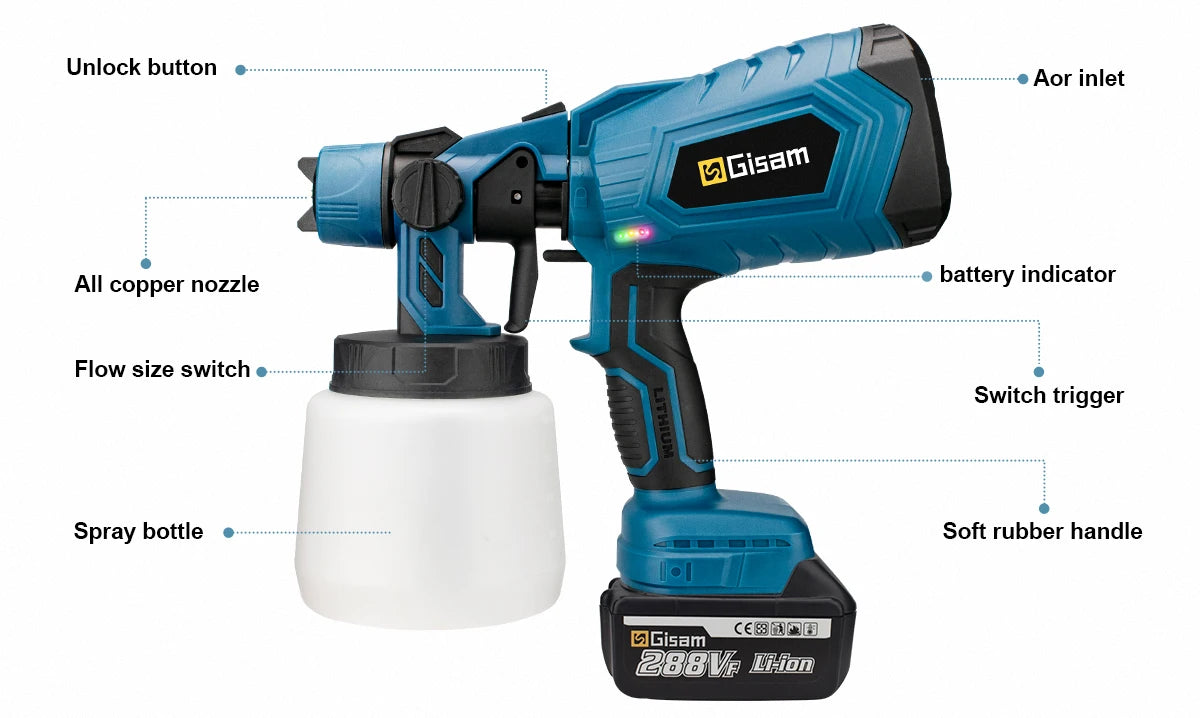 Pistolet pulv¨¦risateur ¨¦lectrique sans fil pour Makita, No Battery Blue,pulv¨¦risateur de peinture domestique, a¨¦rographe ¨¤ rev¨ºtement en acier pour meubles automobiles, batterie 18V, HVLP, 1000ml