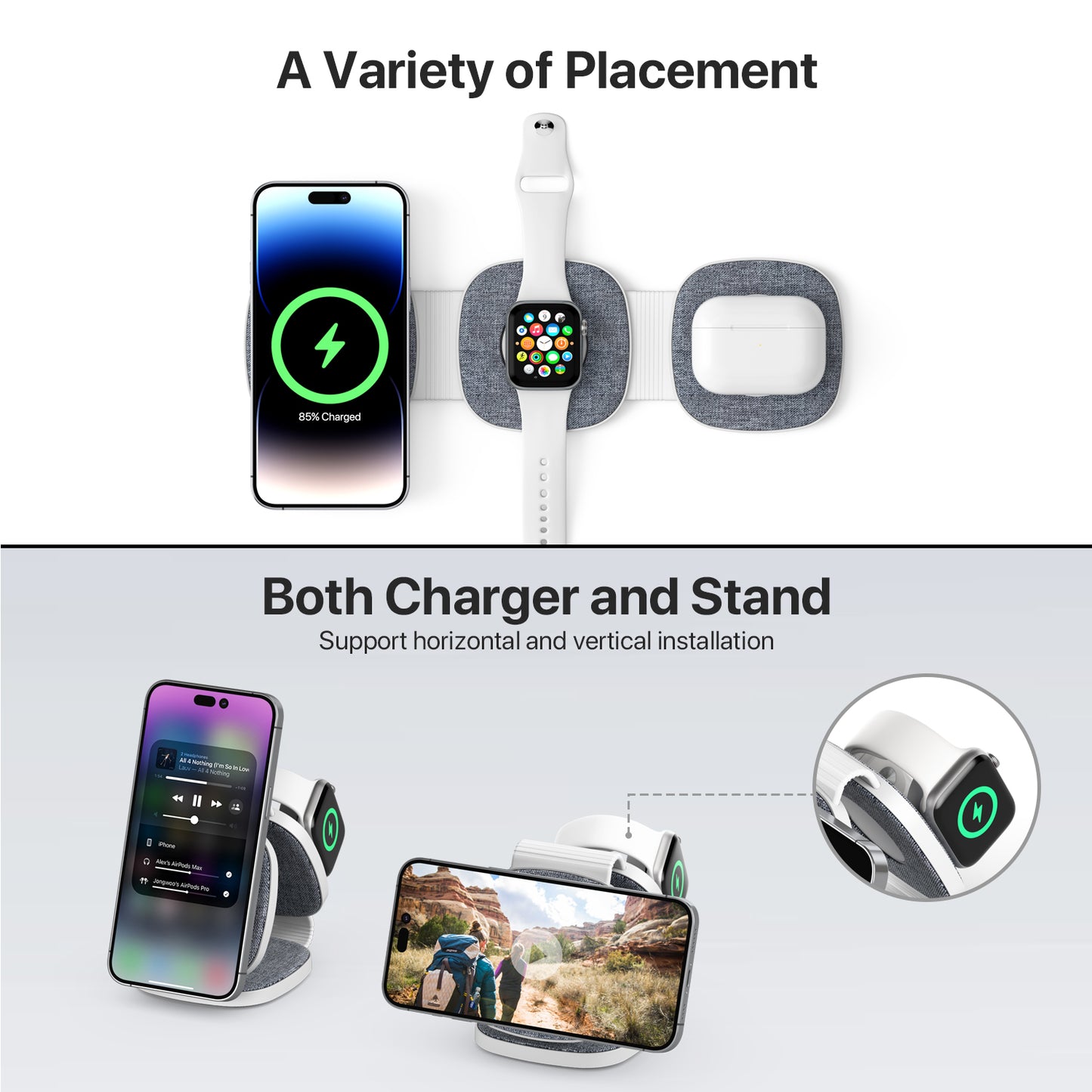Station de Charge Sans Fil Pliable 3-en-1 pour iPhone 15/14/13/12/11/Pro/Max/X/XS/XR/8/8 Plus, Apple Watch et AirPods - Chargeur à Induction Compact et Portable