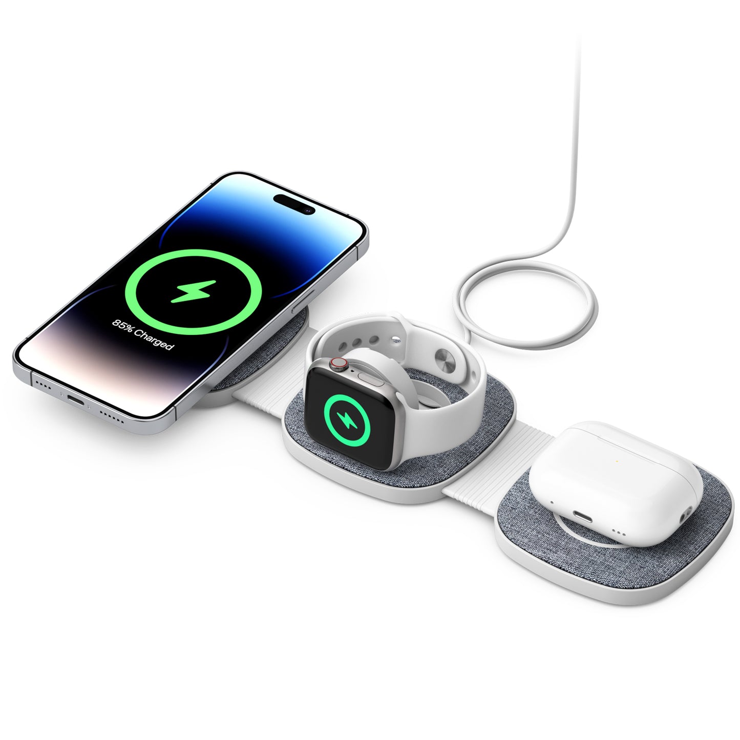 Station de Charge Sans Fil Pliable 3-en-1 pour iPhone 15/14/13/12/11/Pro/Max/X/XS/XR/8/8 Plus, Apple Watch et AirPods - Chargeur à Induction Compact et Portable