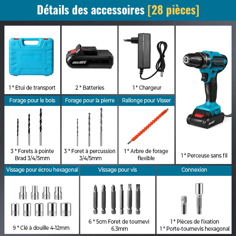 Tournevis sans fil ½Ç impact 28V, perceuses ½Ç grande vitesse, perceuse ½Ç batterie aste, perceuse domestique, outils ¹Èlectriques avec forets