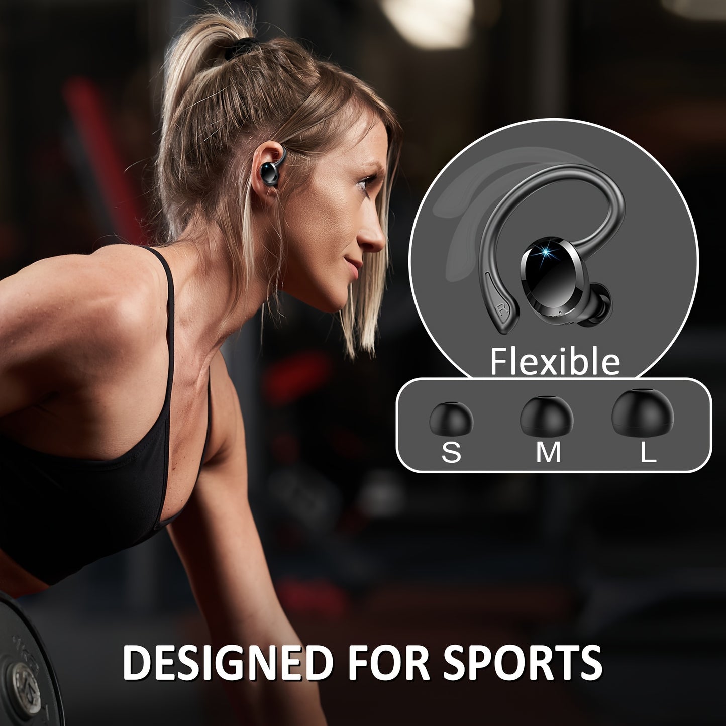 Écouteurs sans fil Q38 pour le sport, écouteurs sans fil 5.3 2024, écouteurs stéréo avec haut-parleur de 14.2 mm, écouteurs de 48 heures avec crochets d'oreille, microphone antibruit, écouteurs intra-auriculaires, adaptés à l'exercice/à la course à pied,