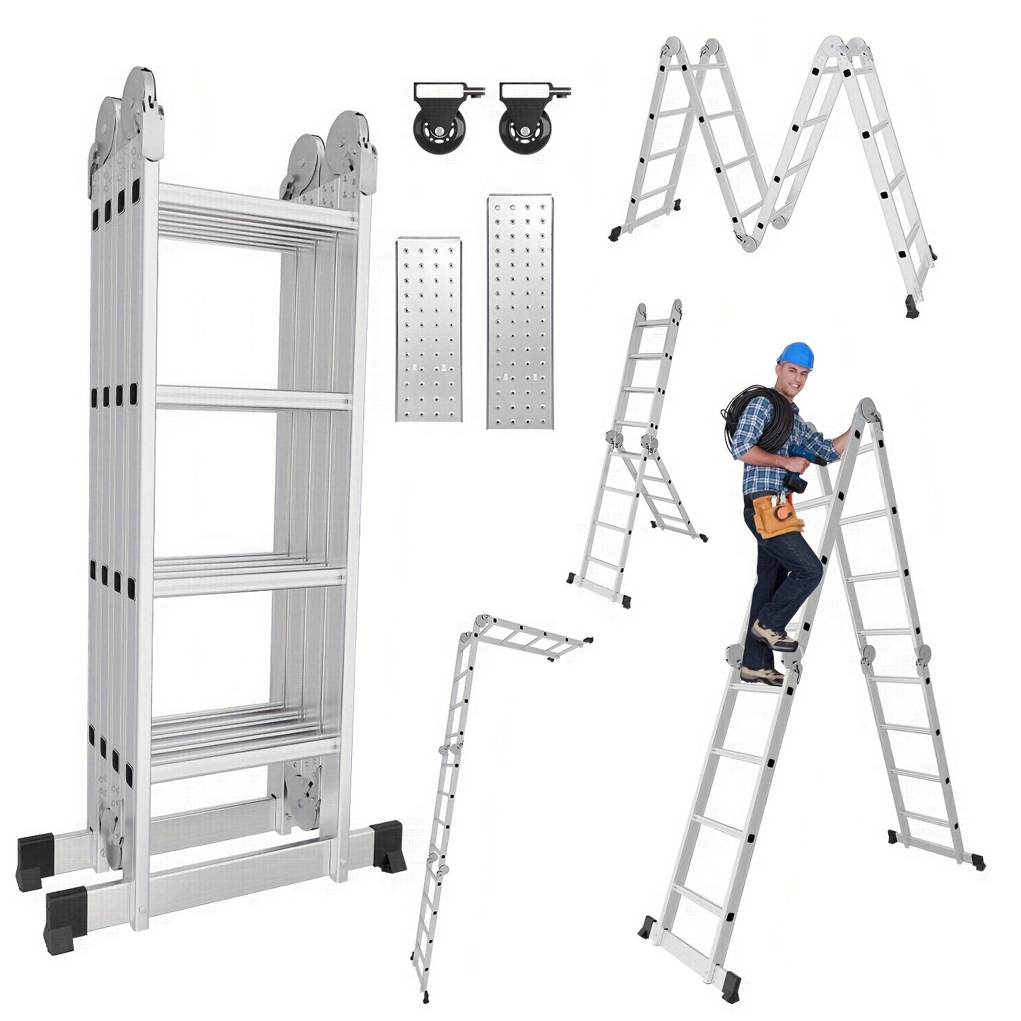 ¨¦chelle multifonction 4X4/4X5 marches ¨¦chelle en aluminium 4.7M/5.8M Max 150kg ¨¦chelle multifonctionnelle ¨¦chelle pliante avec plateforme et roues, ¨¦chelle domestique, Escabeau, Super ¨¦chelle pour la maison et le jardin