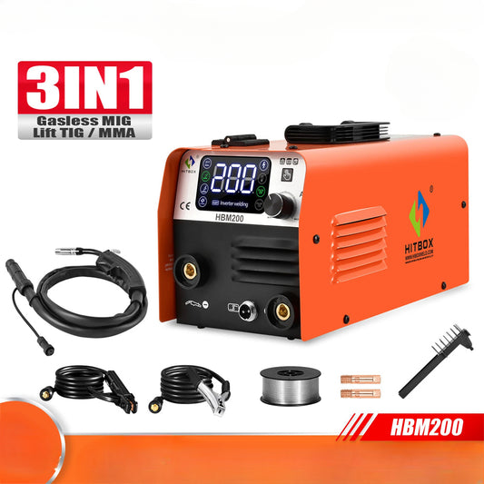 Machine ¨¤ souder semi-automatique 3 en 1, sans gaz, MIG/LIFT TIG/MMA, onduleur, outil synergique pour soudure sans gaz HBM200