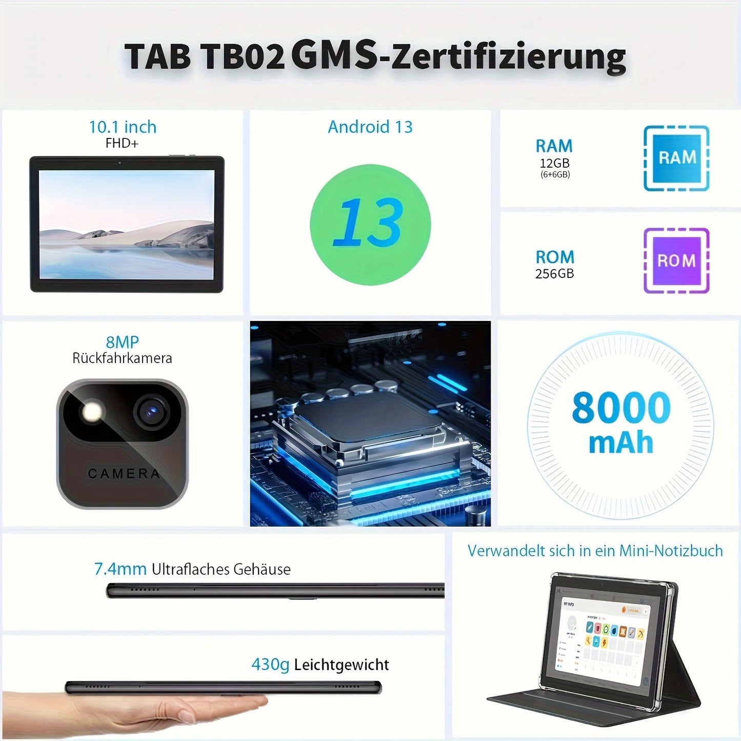 Tablette Android 10 pouces - 12 Go de RAM, 256 Go de ROM, processeur quadric?ur, ¨¦cran HD IPS 10.1 pouces, batterie 8000 mAh, appareil photo 5MP+8MP, GMS, type C - extensible jusqu'¨¤ 1 To