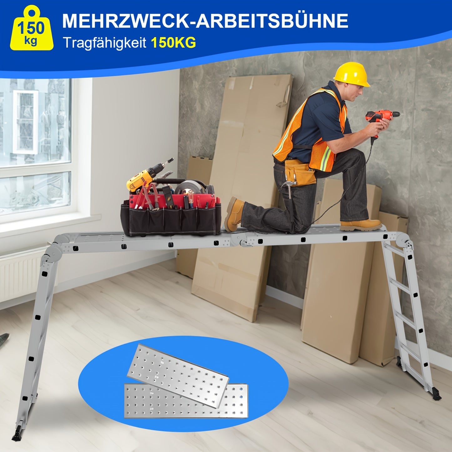 ¨¦chelle multifonction 4X4/4X5 marches ¨¦chelle en aluminium 4.7M/5.8M Max 150kg ¨¦chelle multifonctionnelle ¨¦chelle pliante avec plateforme et roues, ¨¦chelle domestique, Escabeau, Super ¨¦chelle pour la maison et le jardin