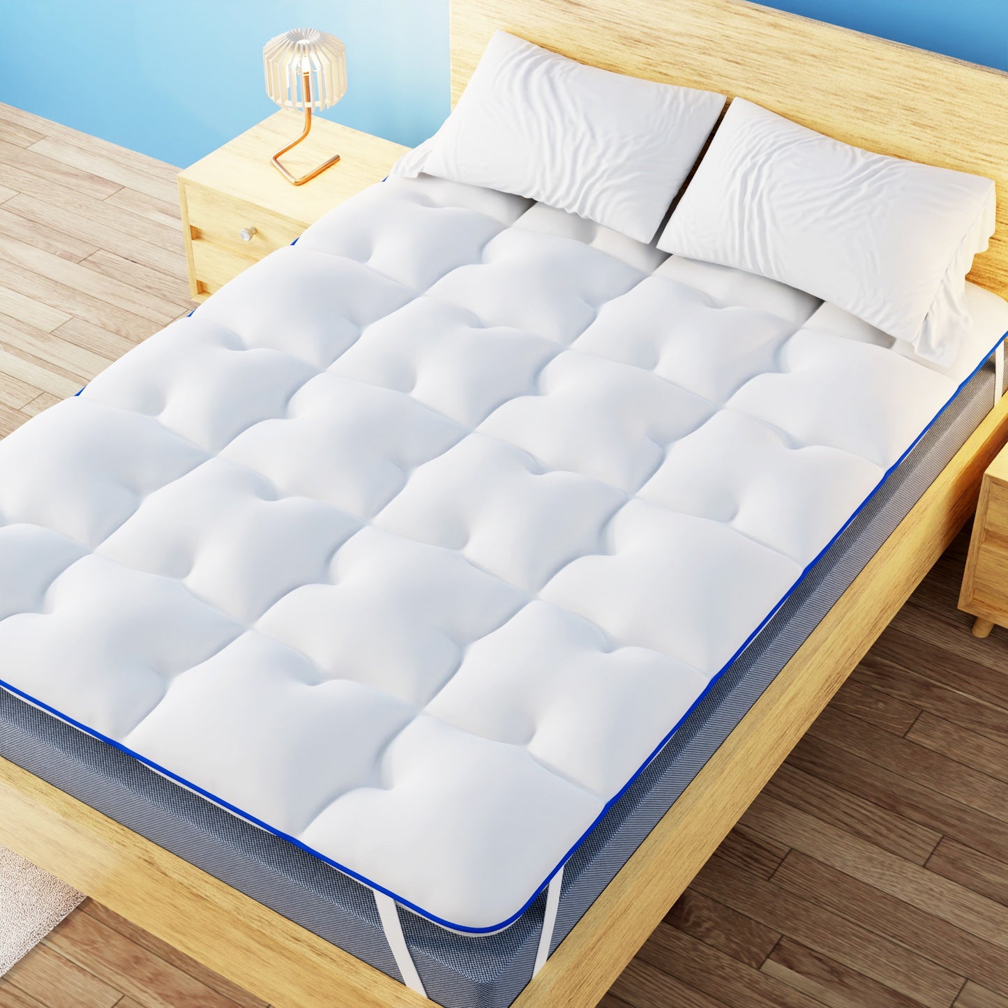 Surmatelas Diamant en Microfibre - Confort Optimal avec Liser¨¦ Bleu - Moelleux, Anti-Acarien et Respirant - Compatible avec Matelas 1-2 Places pour Adultes et Enfants, 140 x 190 cm