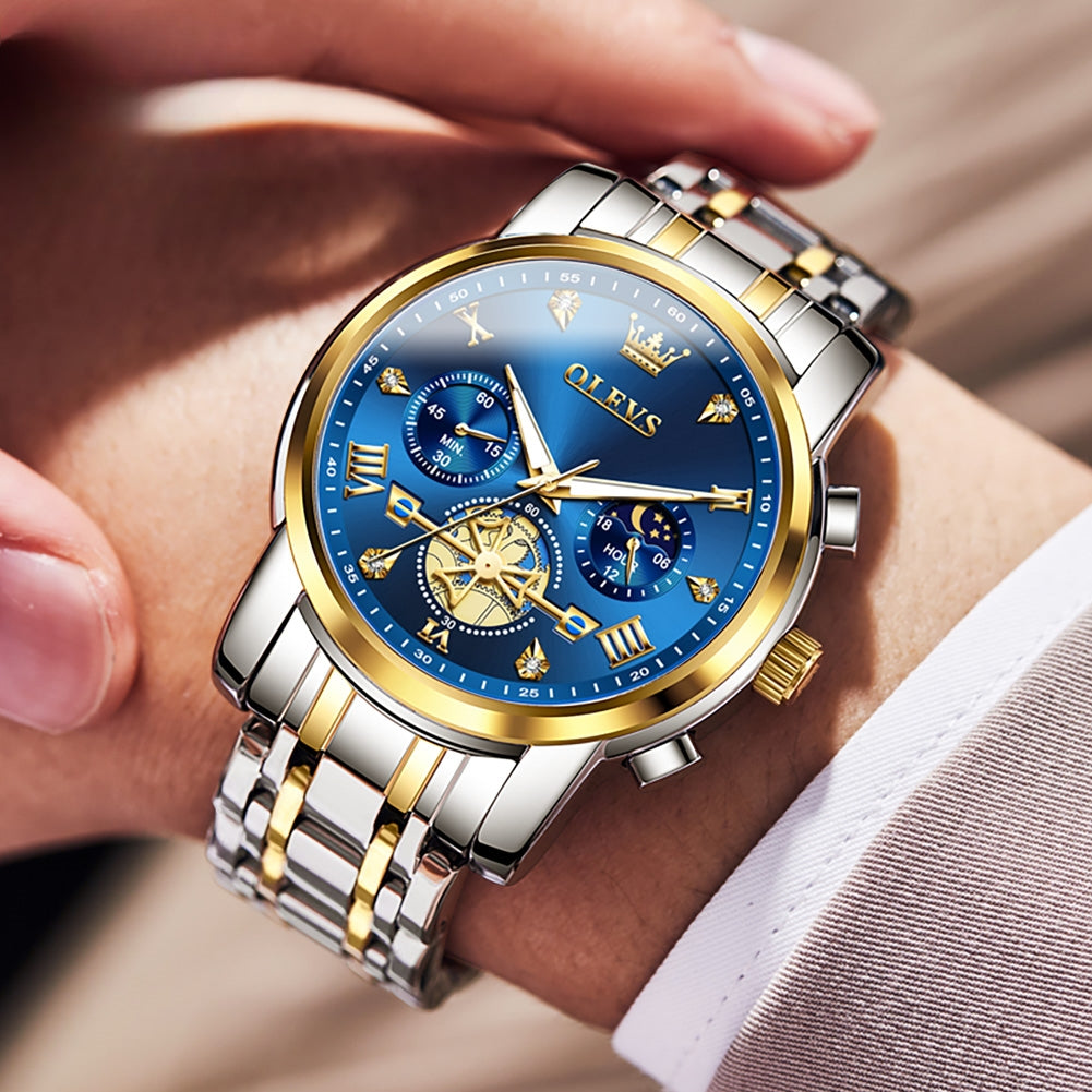 Montre ¨¤ Quartz pour Homme, Modules de Volant d'Inertie, Chronographe Seton, Phase de Lune, Montres-Bracelets Multifonctionnelles en Acier Inoxydable, 2856