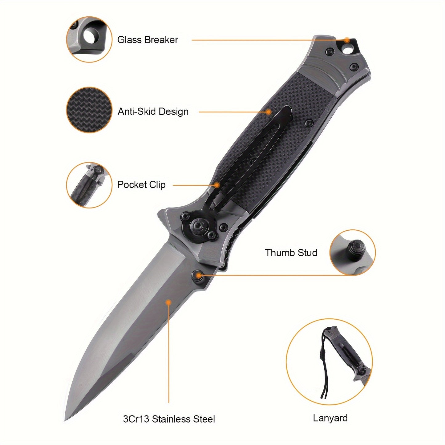 Couteau de poche pliable, couteau pliant en acier inoxydable tranchant 3Cr13 avec clip de poche et verrouillage de doublure, couteau ¨¤ une main EDC couteau de survie avec brise-vitre, couteau de chasse couteau de camping pour hommes