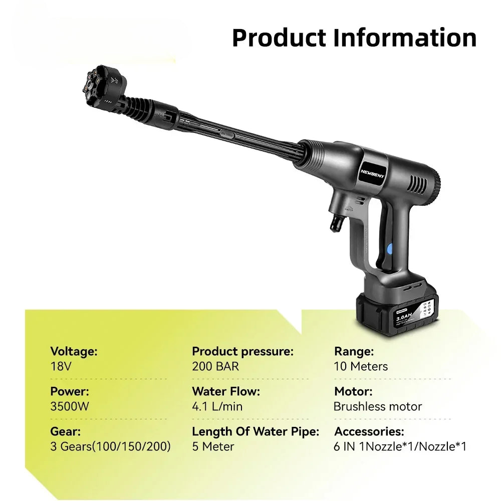 Pistolet nettoyeur haute pression ¨¦lectrique sans balais, sans fil, efficace, voiture, jardin, livres, pulv¨¦risateur, DONFor, Makita, batterie 18V, 3500W, 200Bar
