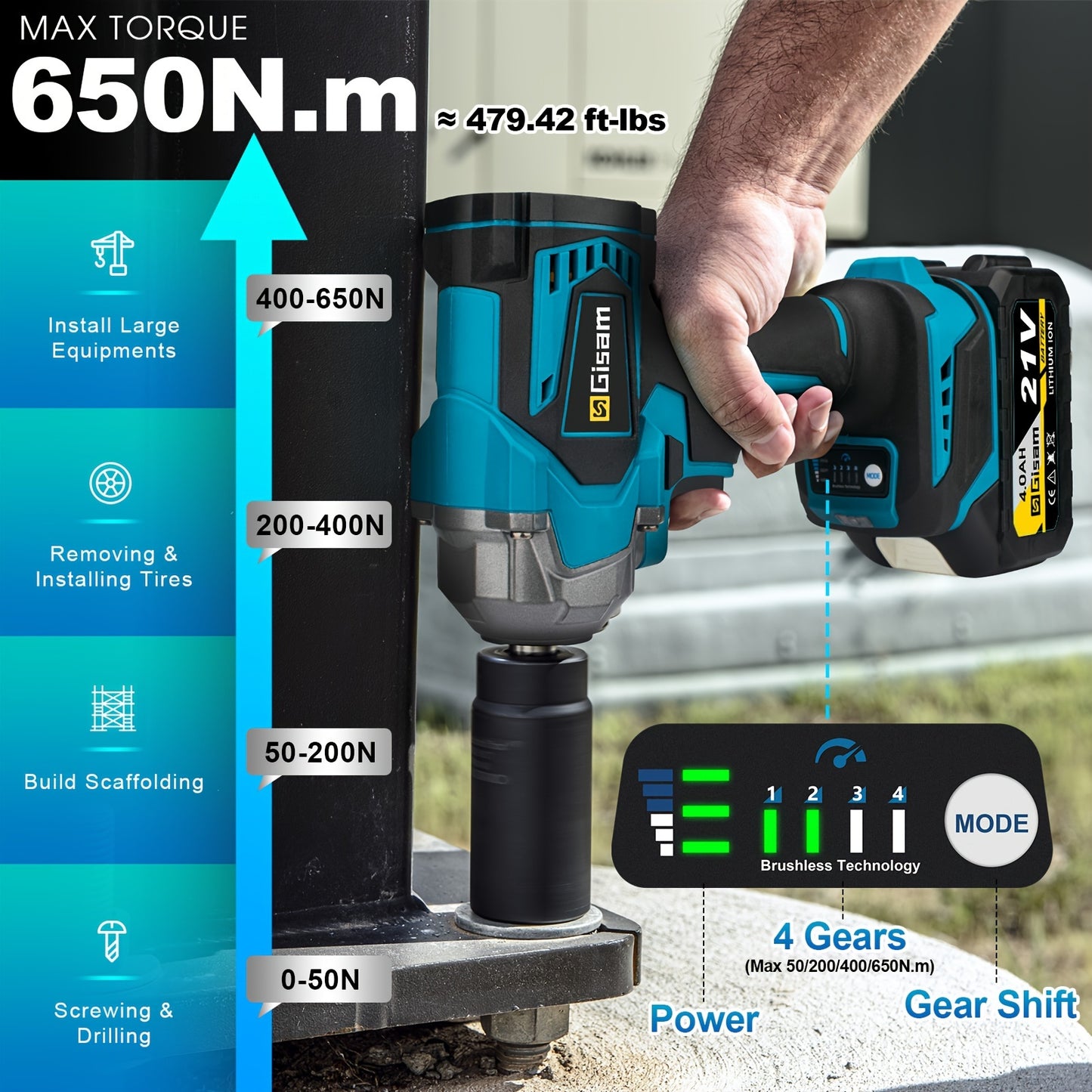 Clé à chocs électrique sans balais, clé électrique 1/2 pouce, couple 650NM, moteur sans balais 4820, clé électrique 21V, clé sans fil, équipée d'une batterie lithium 3.0Ah et d'un chargeur rapide, clé à chocs électrique pour voitures, camions et maison
