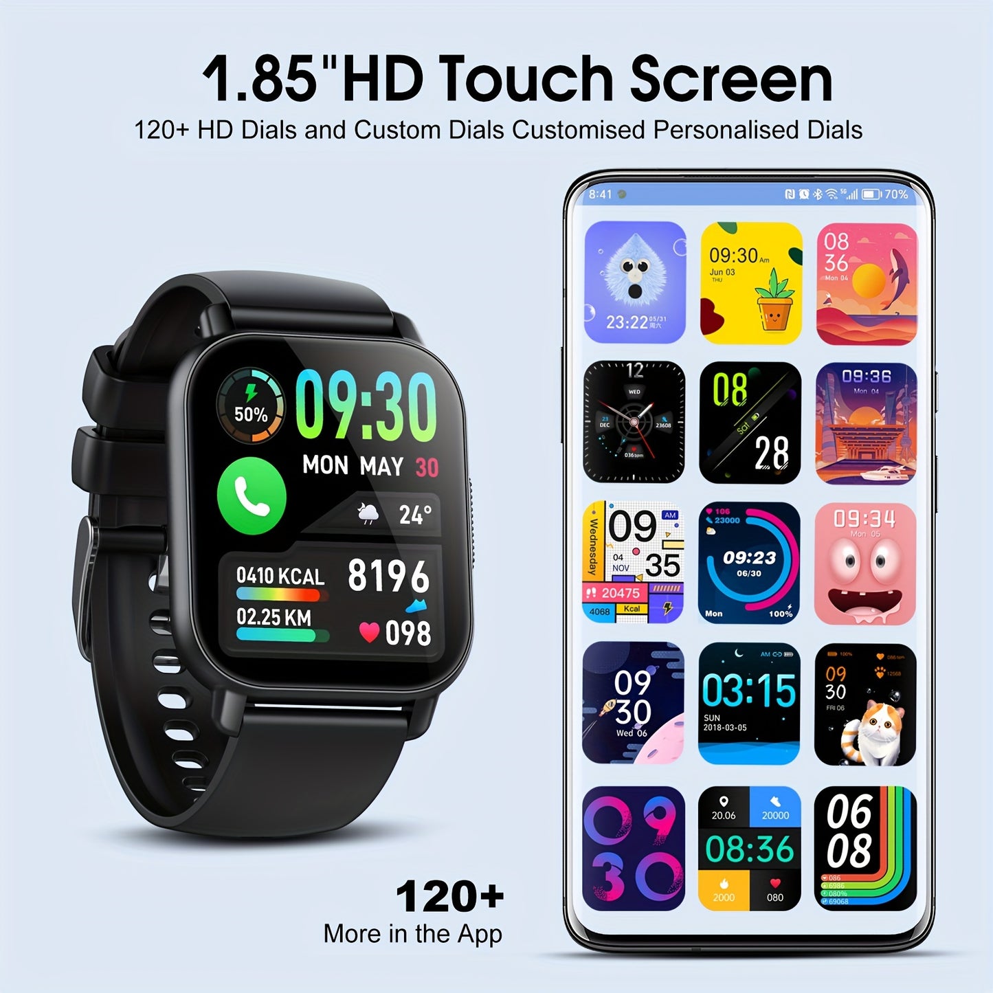 Montre connect¨¦e pour hommes/femmes avec appels sans fil et alertes de messages, montre de fitness avec ¨¦cran tactile HD de 1.85 pouce, 120+ modes sportifs, r¨¦ception/¨¦mission d'appels.