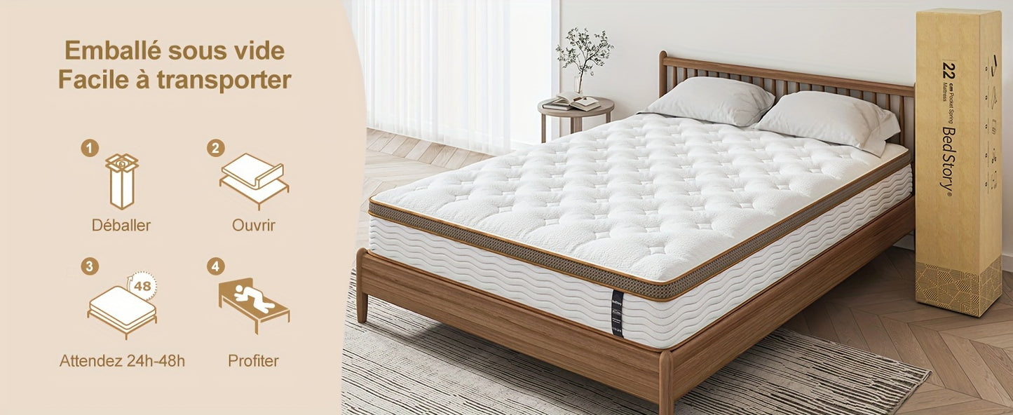 Matelas ¨¤ ressorts ensach¨¦s, mousse ¨¤ m¨¦moire de forme, technologie hybride multicouche, confort personnalis¨¦ - ¨¦paisseur 22 cm,90x190cm