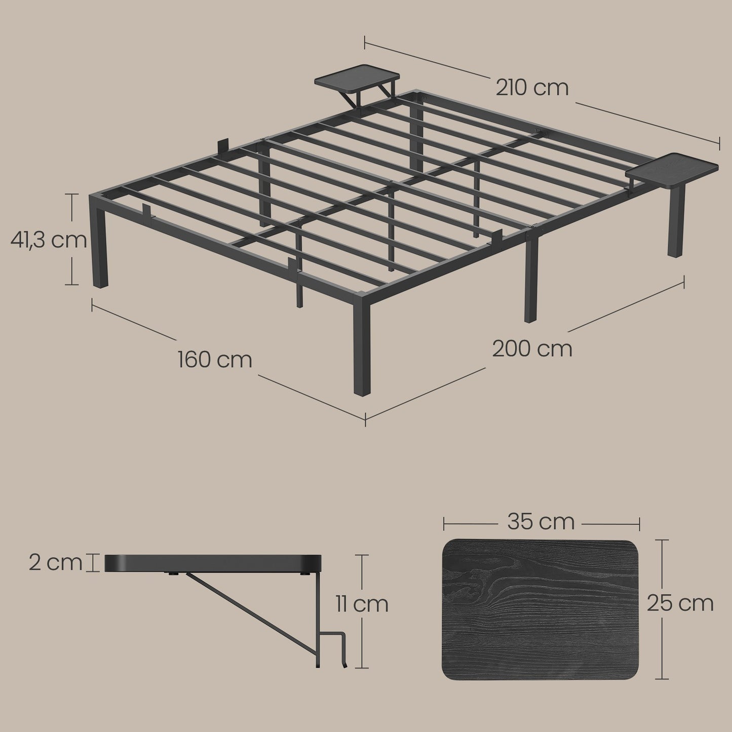 Lit Simple, Lit 1 Personne/Lit Double, Lit 2 Personnes, Cadre de Lit en M¨¦tal avec ¨¦tag¨¨res de Rangement, Lit Adolescent, Adapt¨¦ pour Matelas 160 x 200 cm, Montage Facile, Noir Classique