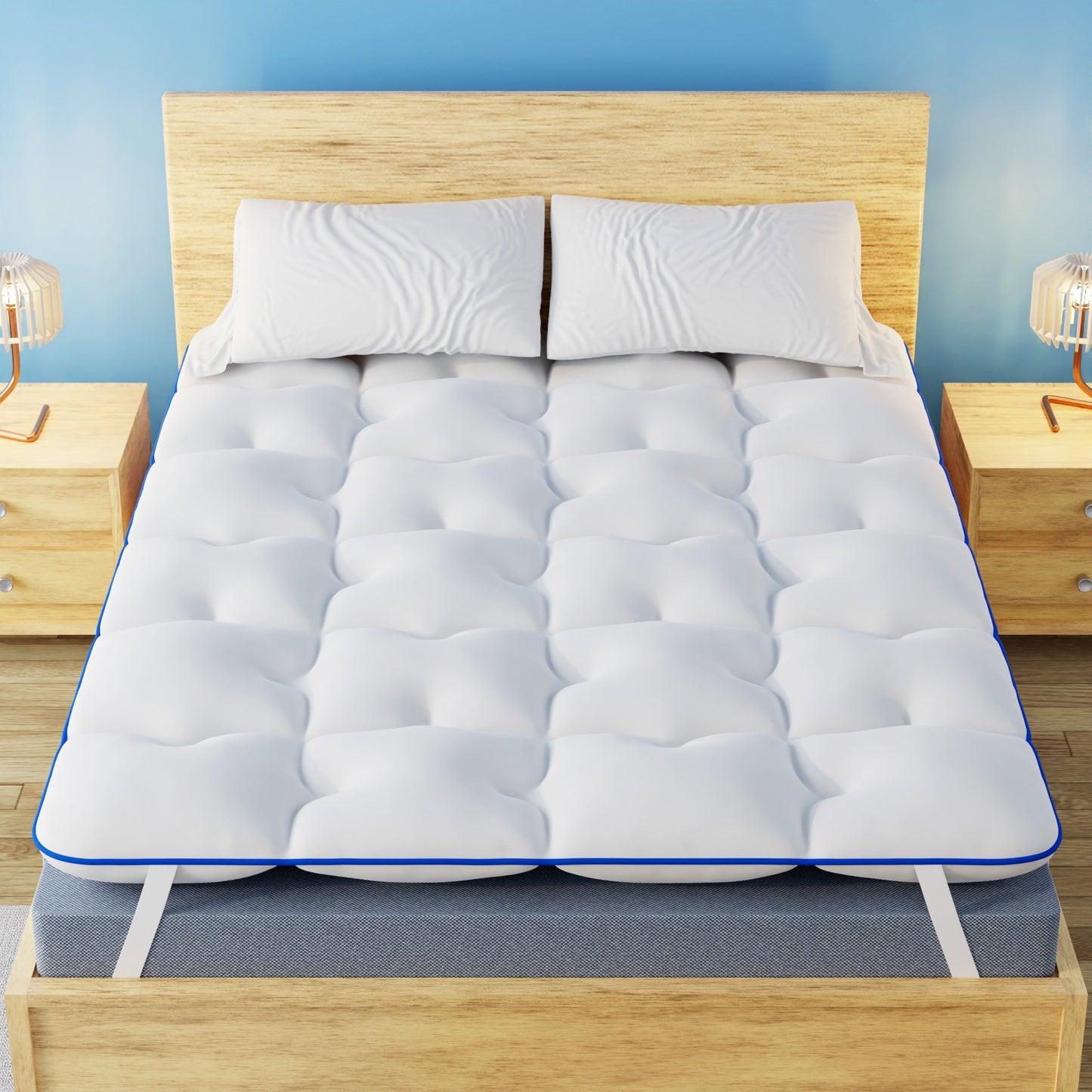 Surmatelas Diamant en Microfibre - Confort Optimal avec Liser¨¦ Bleu - Moelleux, Anti-Acarien et Respirant - Compatible avec Matelas 1-2 Places pour Adultes et Enfants, 140 x 190 cm