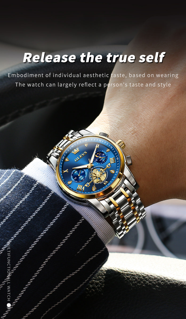 Montre ¨¤ Quartz pour Homme, Modules de Volant d'Inertie, Chronographe Seton, Phase de Lune, Montres-Bracelets Multifonctionnelles en Acier Inoxydable, 2856