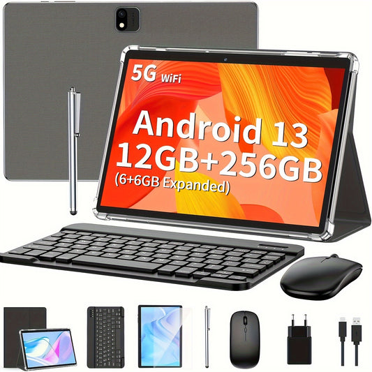 Tablette 10 pouces, Tablette 2-en-1 avec clavier, Tablette Android 13, 256 Go de ROM + 1 To de TF, 8000 mAh avec ¨¦tui, WiFi 2.4 GHz + 5G, Octa-core, Vid¨¦o FHD 1080P, Cam¨¦ra 8 MP, Sans fil/Type-c/GMS