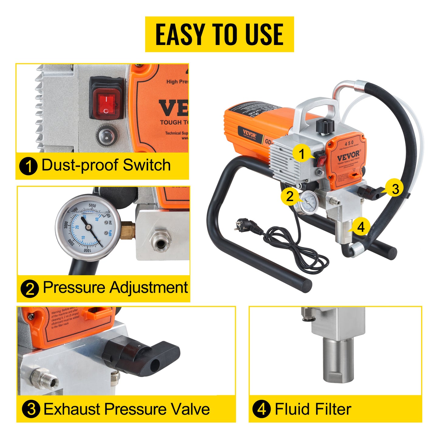 Pulv¨¦risateur sans Air avec Tuyau Haute Pression, Pistolet de Peinture Murale Plafond 1800 W, 3000 PSI, 1,8 L/min, Pression de Pulv¨¦risation R¨¦glable, pour Peinture Int¨¦rieure Ext¨¦rieure